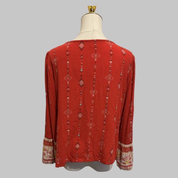 Mudd Girls Boho Crinkle Geometric Y2K Knot Hem Vibrant Bell Sleeves Red Top XL - Picture 2 of 8